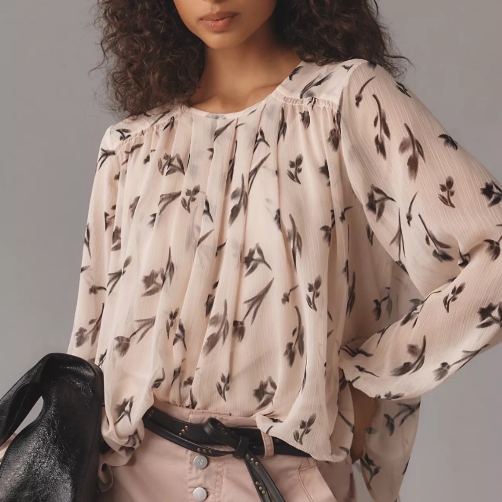 Maeve Anthropologie Pink Black Floral Pleated Chiffon Blouse XL Long Sleeve
